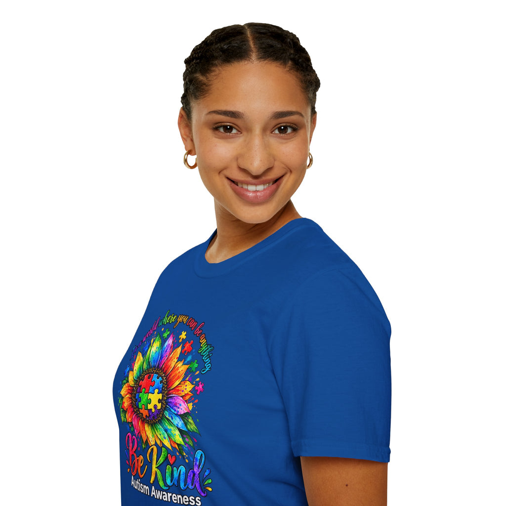 Autism Awareness Sunflower T-Shirt — 'Be Kind' Rainbow Puzzle Design