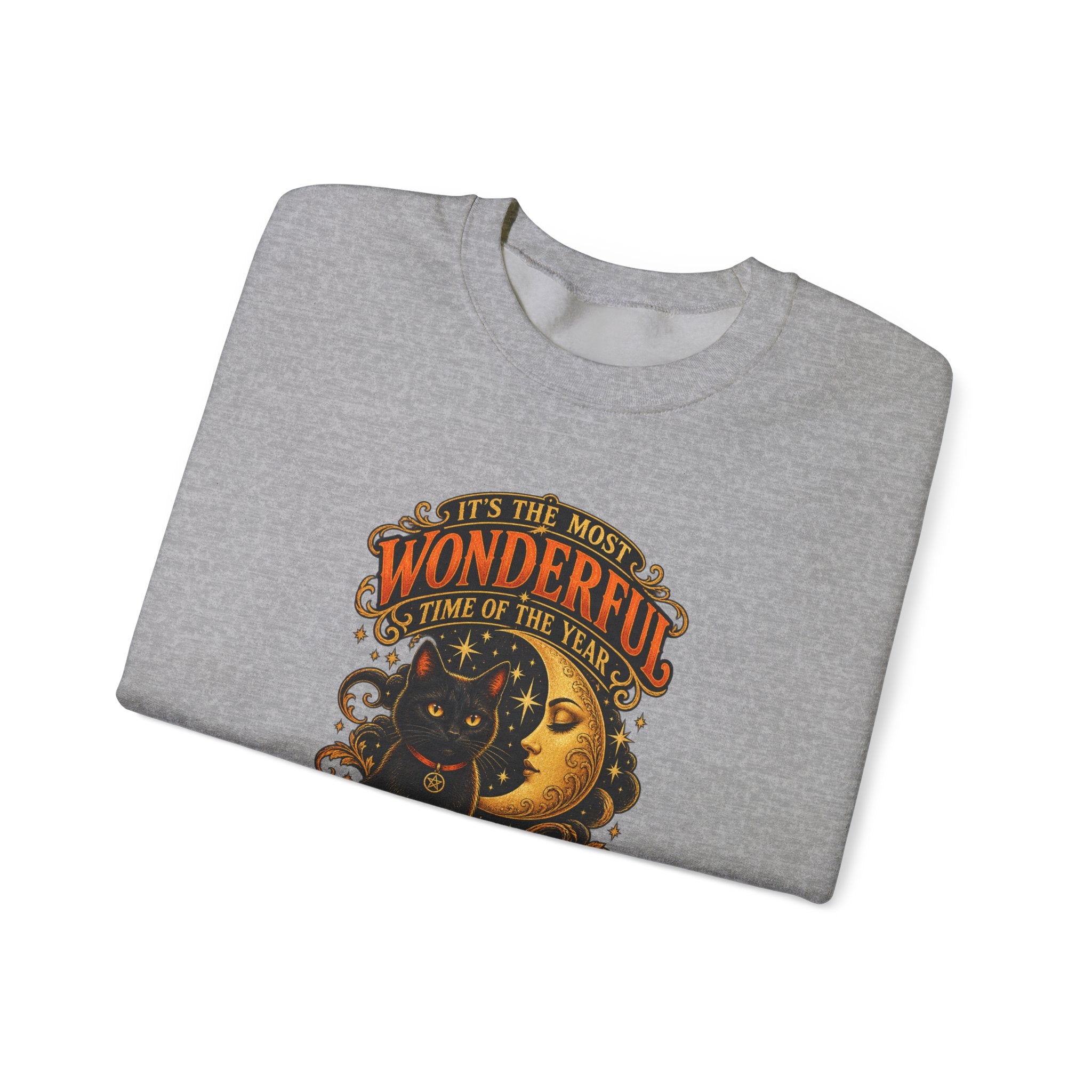 Vintage Halloween Sweatshirt - "It's the Most Wonderful Time of the Year" Black Cat & Moon Design