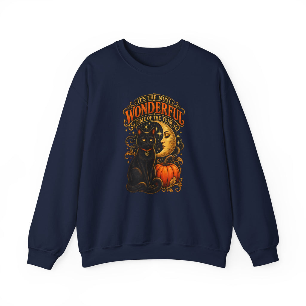 Vintage Halloween Sweatshirt - "It's the Most Wonderful Time of the Year" Black Cat & Moon Design