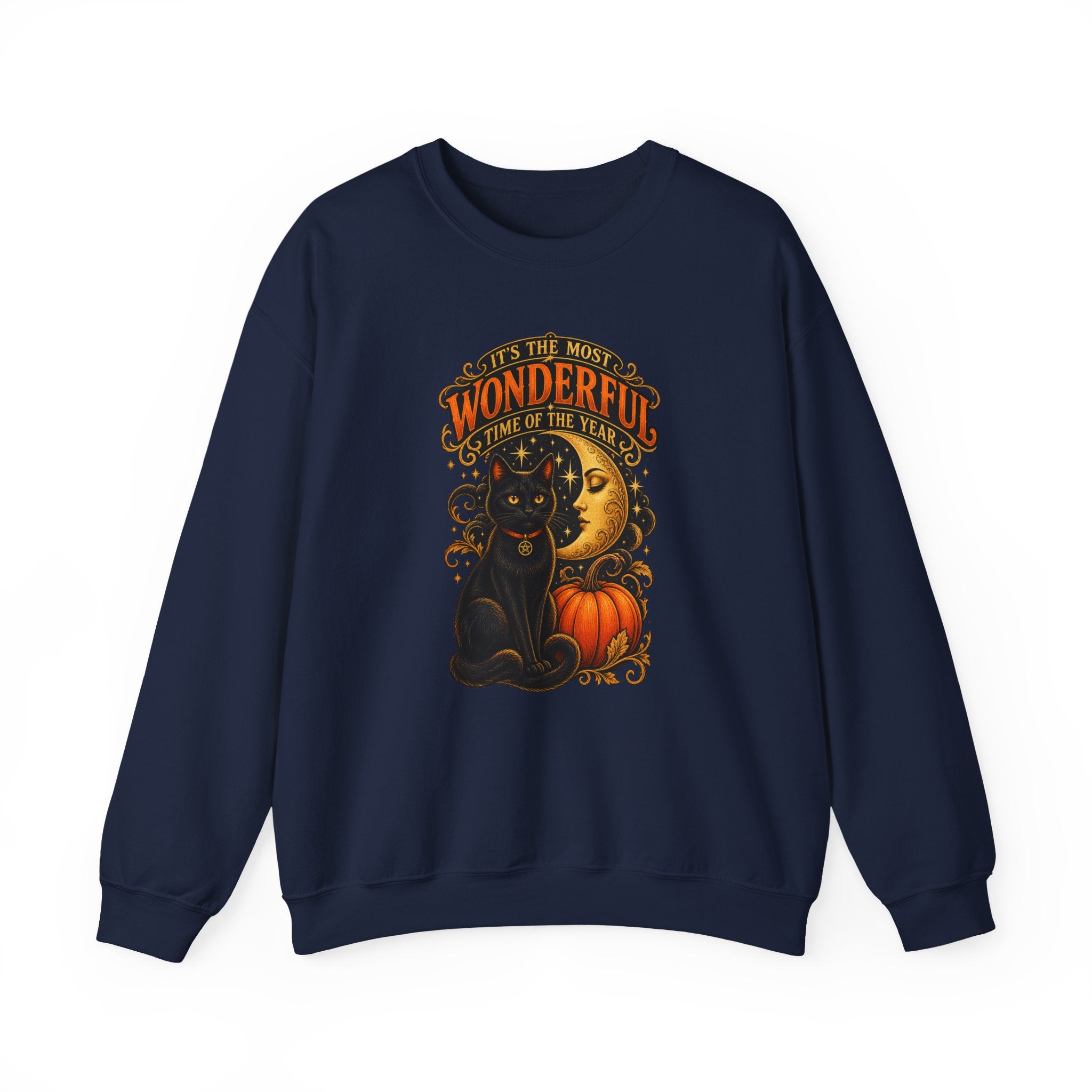 Vintage Halloween Sweatshirt - "It's the Most Wonderful Time of the Year" Black Cat & Moon Design