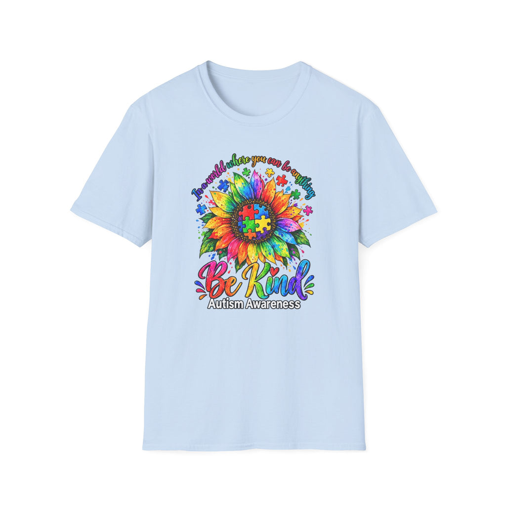 Autism Awareness Sunflower T-Shirt — 'Be Kind' Rainbow Puzzle Design