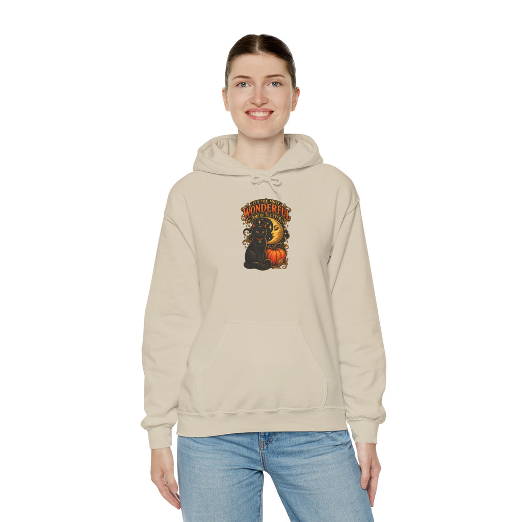 Halloween Black Cat Moon Hoodie – Vintage Pumpkin & Crescent Moon Fall Sweatshirt