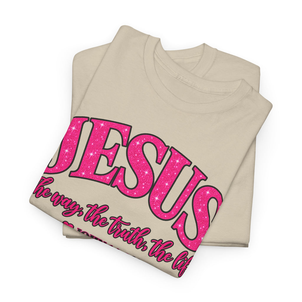 Christian T-Shirt — "JESUS The way, the truth, the life" (John 14:6) Pink Vintage Script