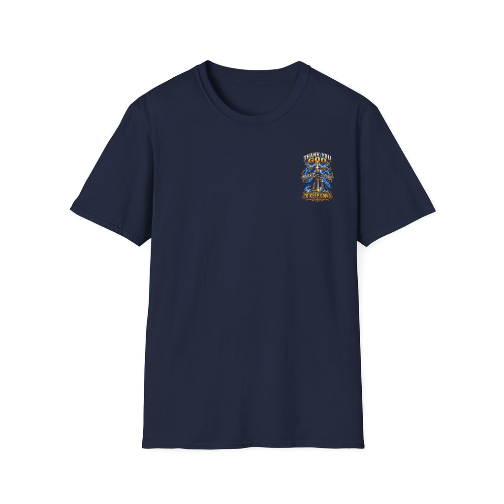 T-Shirt — "Thank You God I Keep Going" Faith Graphic Pocket Tee