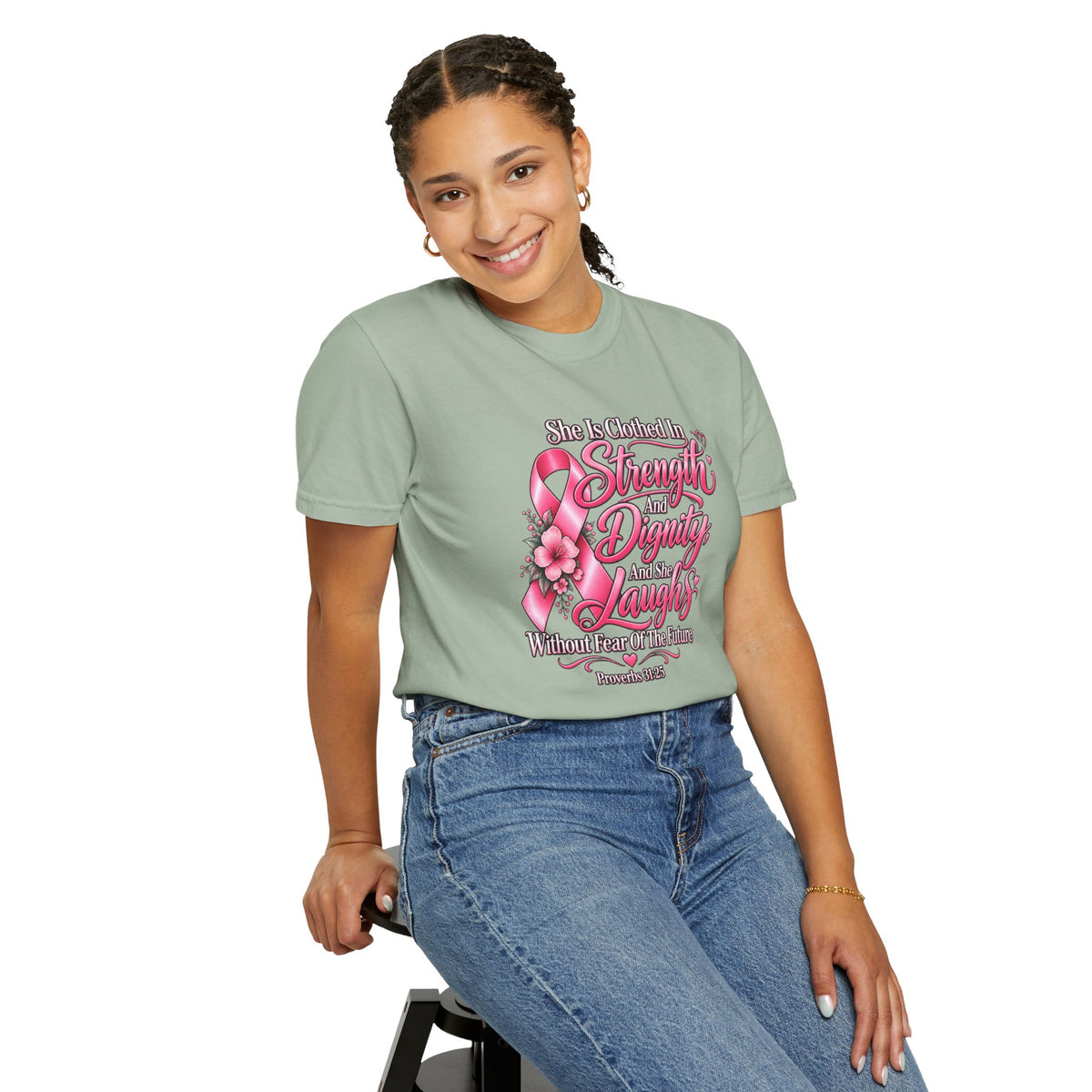 Breast Cancer Awareness T-Shirt — "She is Clothed in Strength" Pink Ribbon Tee