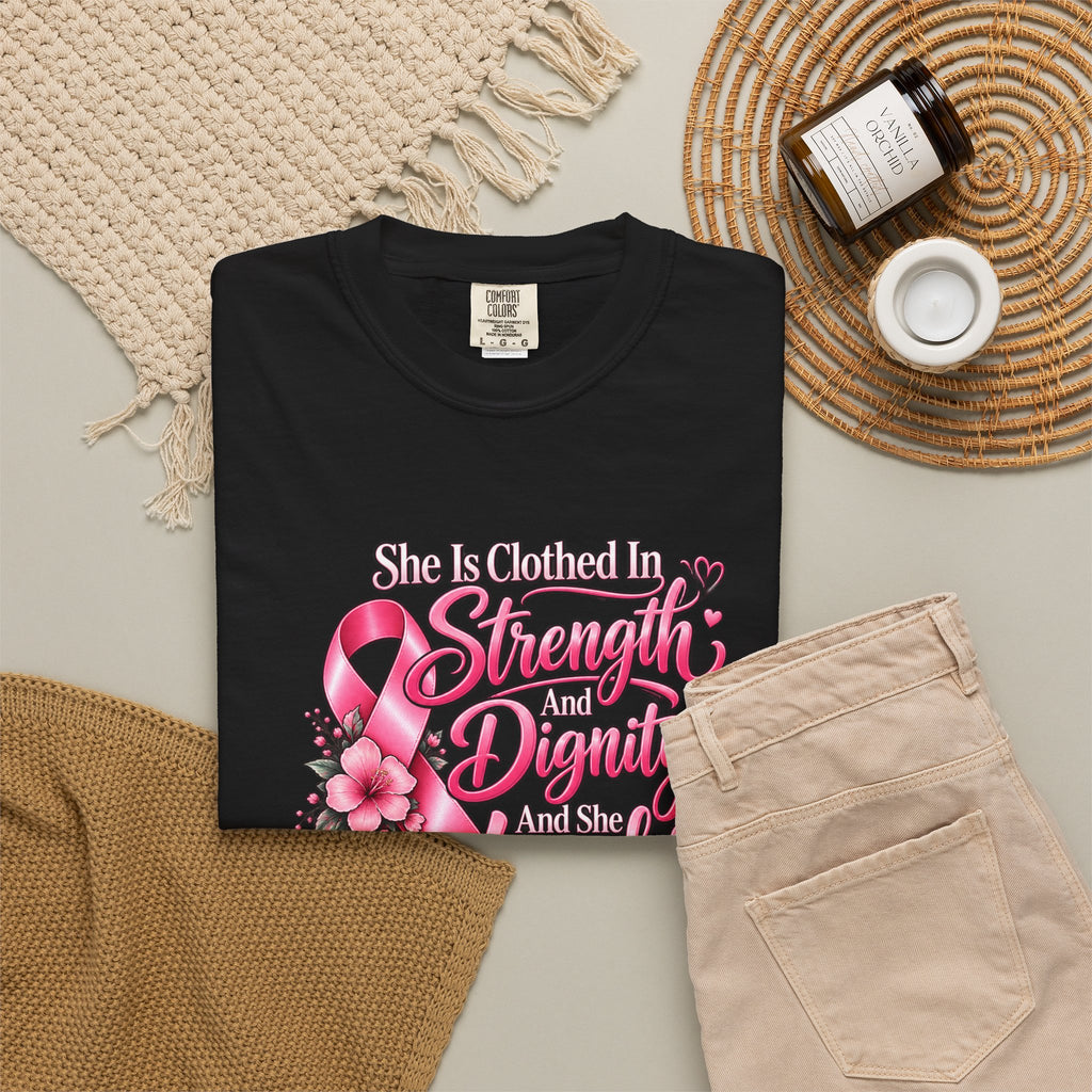 Breast Cancer Awareness T-Shirt — "She is Clothed in Strength" Pink Ribbon Tee
