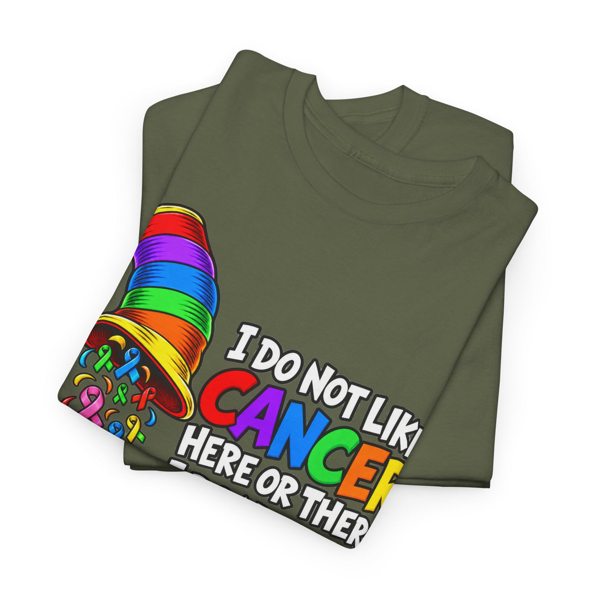 Cancer Awareness T-Shirt — “I Do Not Like Cancer Here or There” Rainbow Ribbon Tee