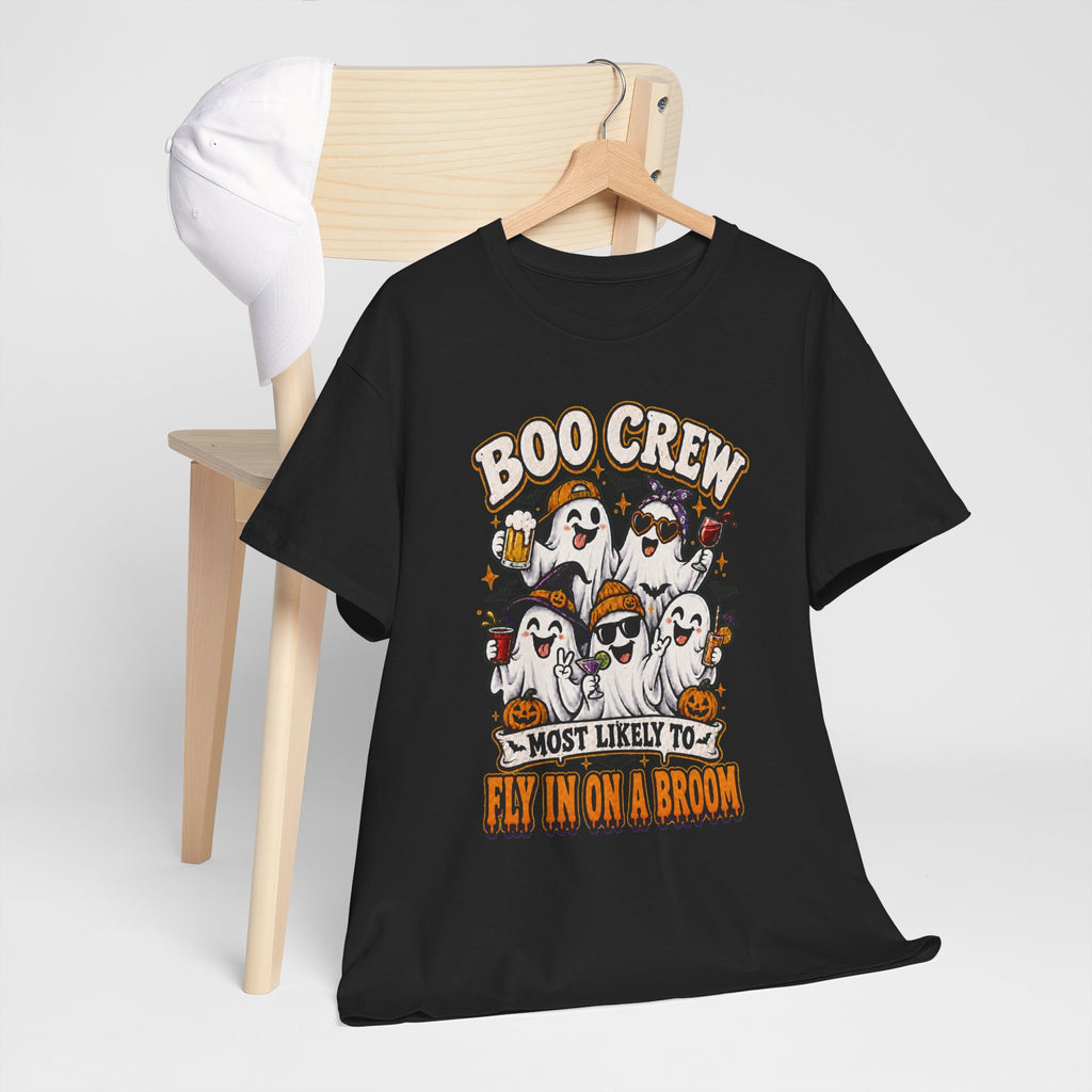 Boo Crew T-Shirt — “Most Likely to Fly on a Broom” Halloween Ghost Tee