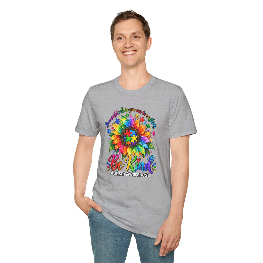Autism Awareness Sunflower T-Shirt — 'Be Kind' Rainbow Puzzle Design