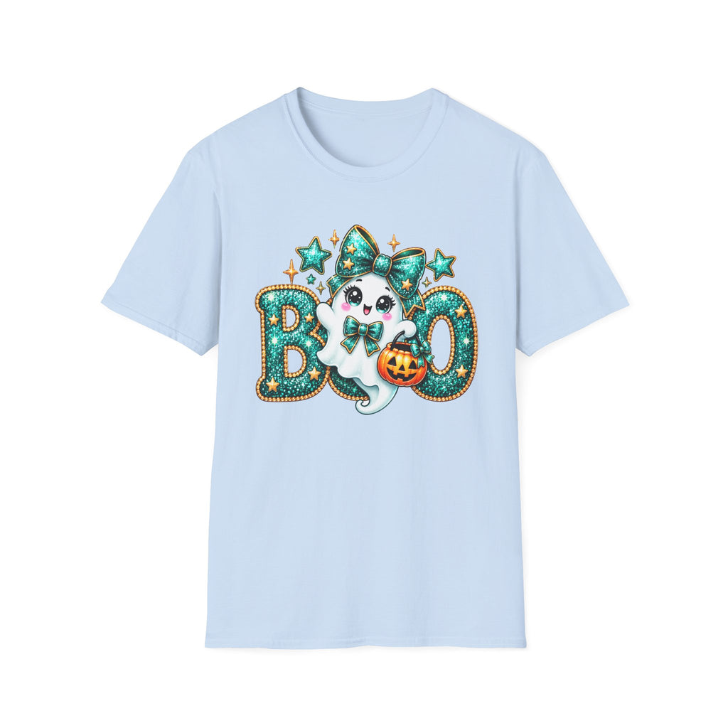 Boo Ghost Graphic T-Shirt — Cute Teal Glitter Halloween Tee