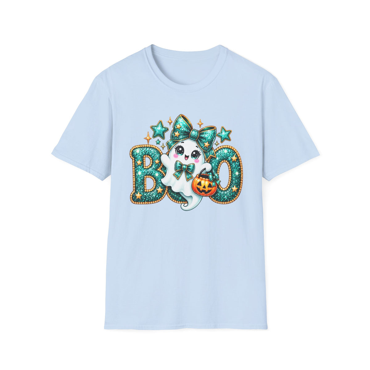 Boo Ghost Graphic T-Shirt — Cute Teal Glitter Halloween Tee