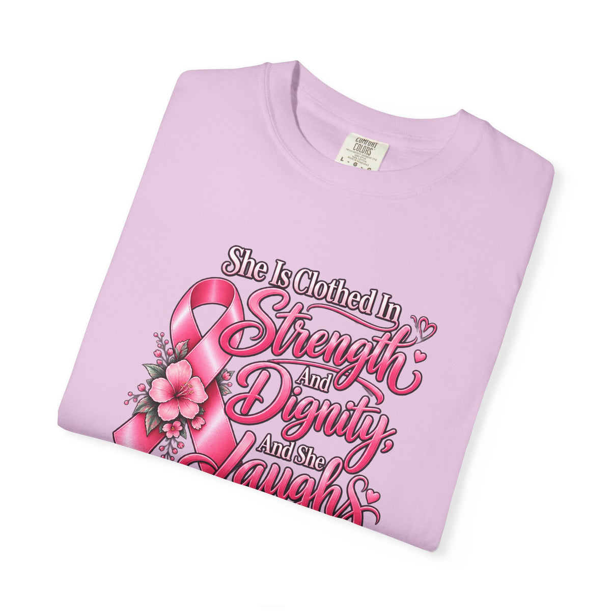 Breast Cancer Awareness T-Shirt — "She is Clothed in Strength" Pink Ribbon Tee
