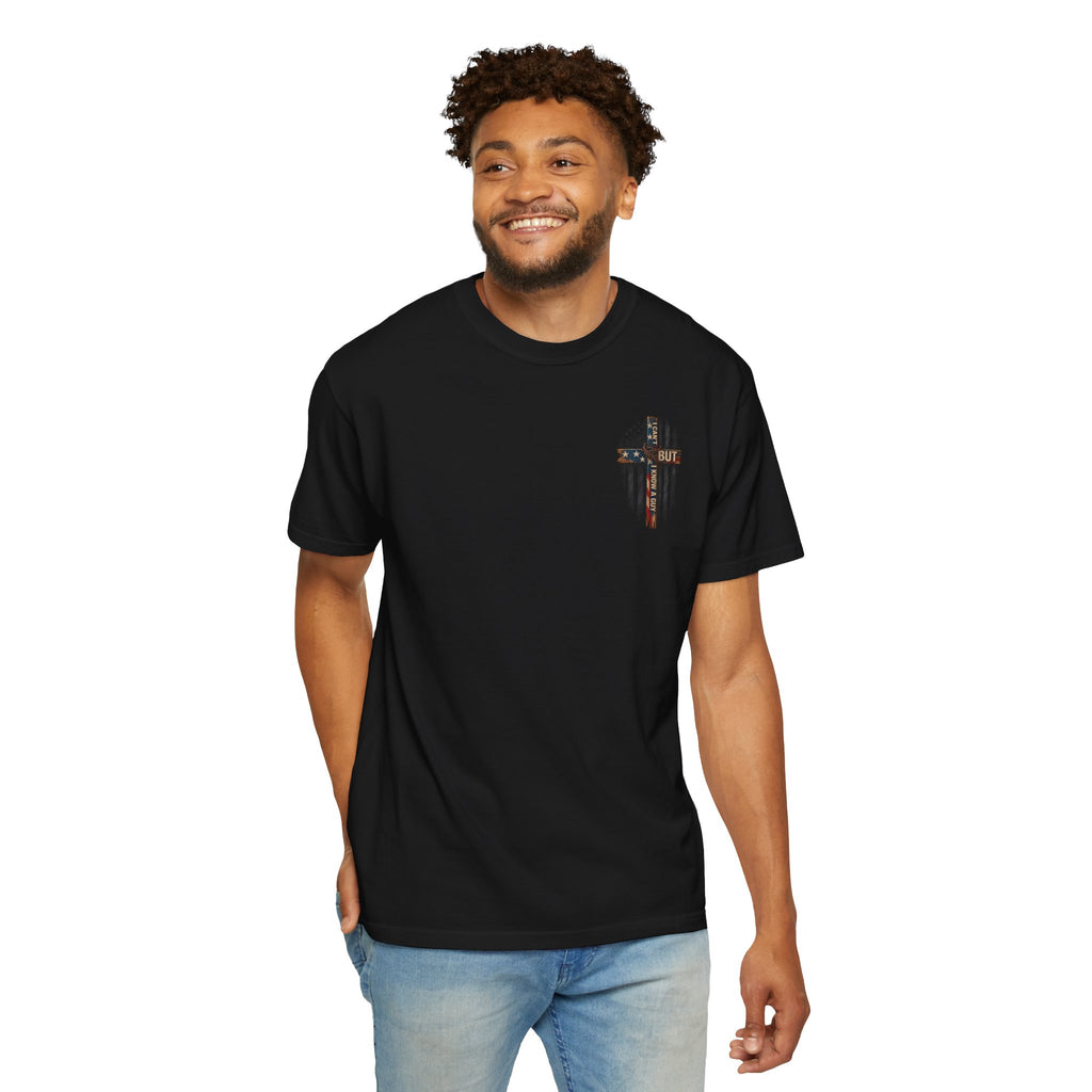 T-Shirt — 'I Can't But I Know A Guy' American Flag Cross Graphic