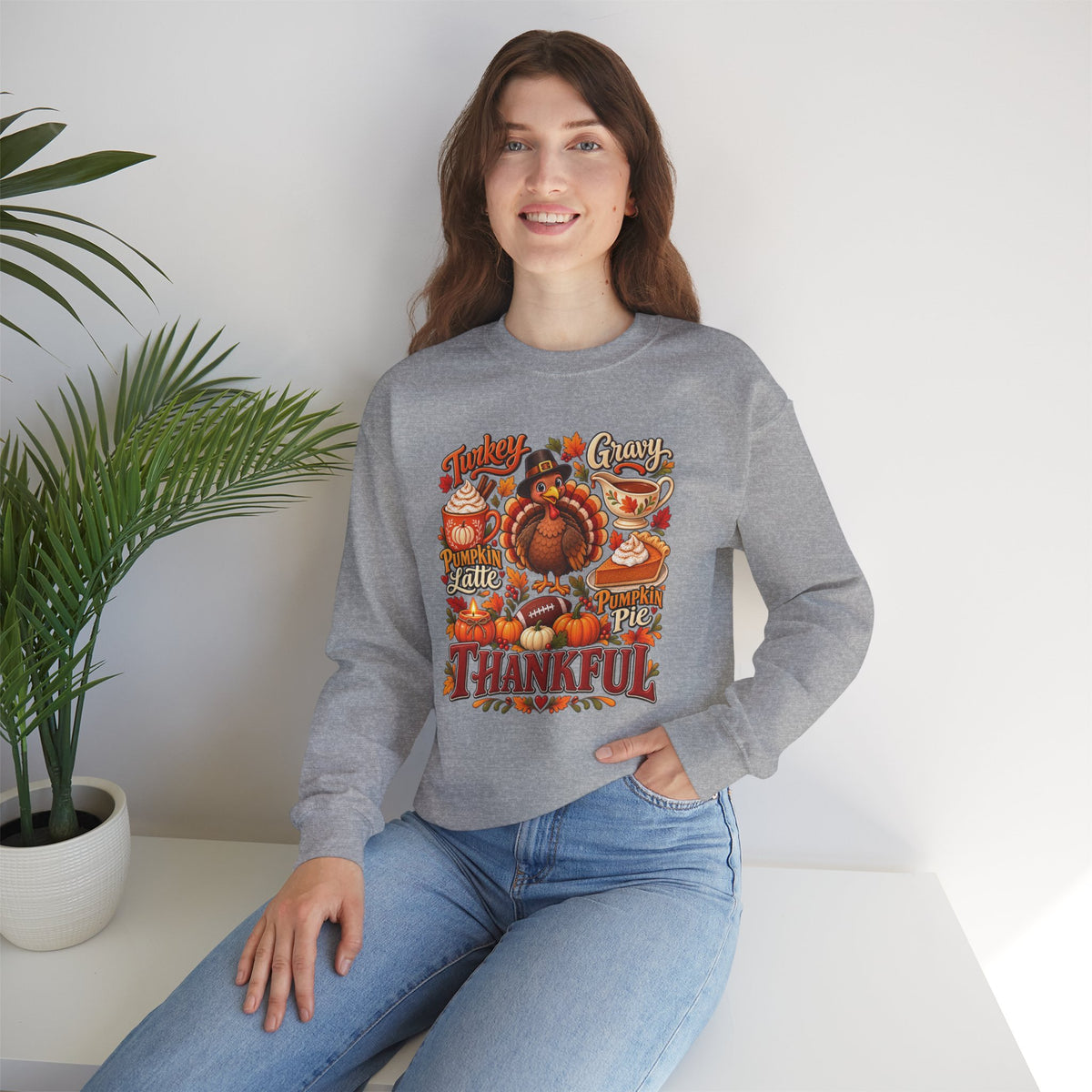Thankful Thanksgiving Sweatshirt — Cute Turkey & Fall Harvest Crewneck