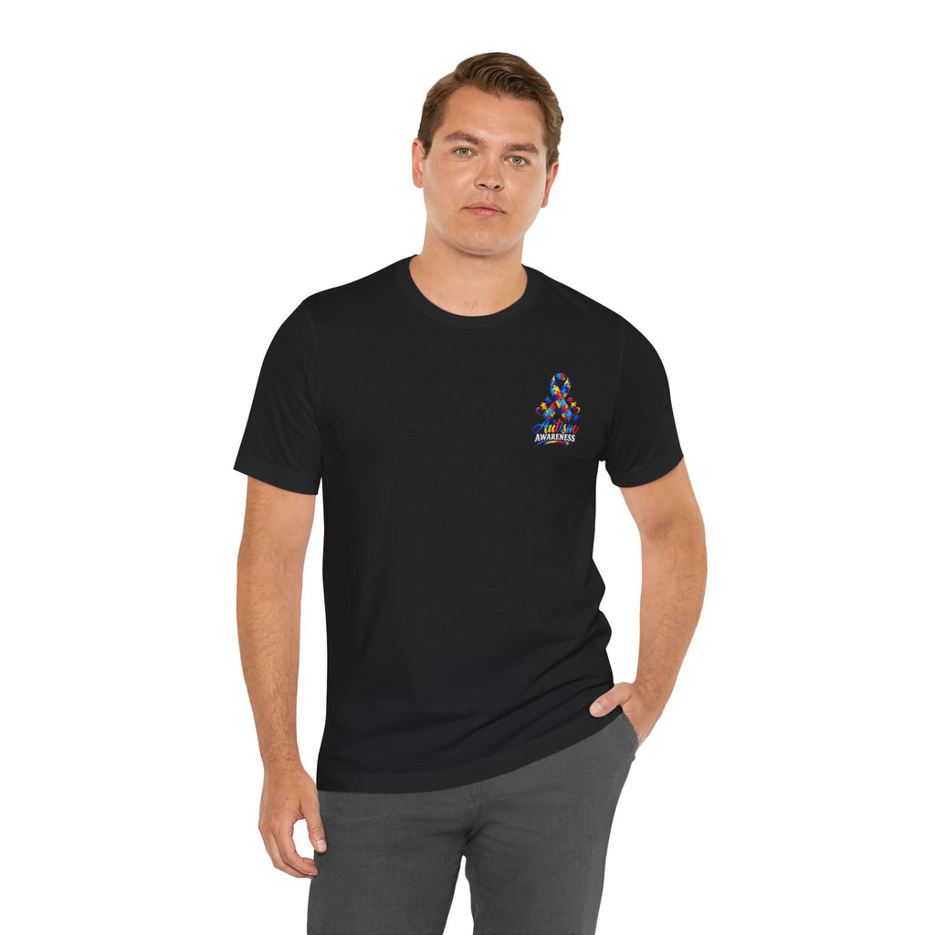 Autism Awareness Ribbon Chest Tee — 'Different, Not Less' Short Sleeve T-Shirt