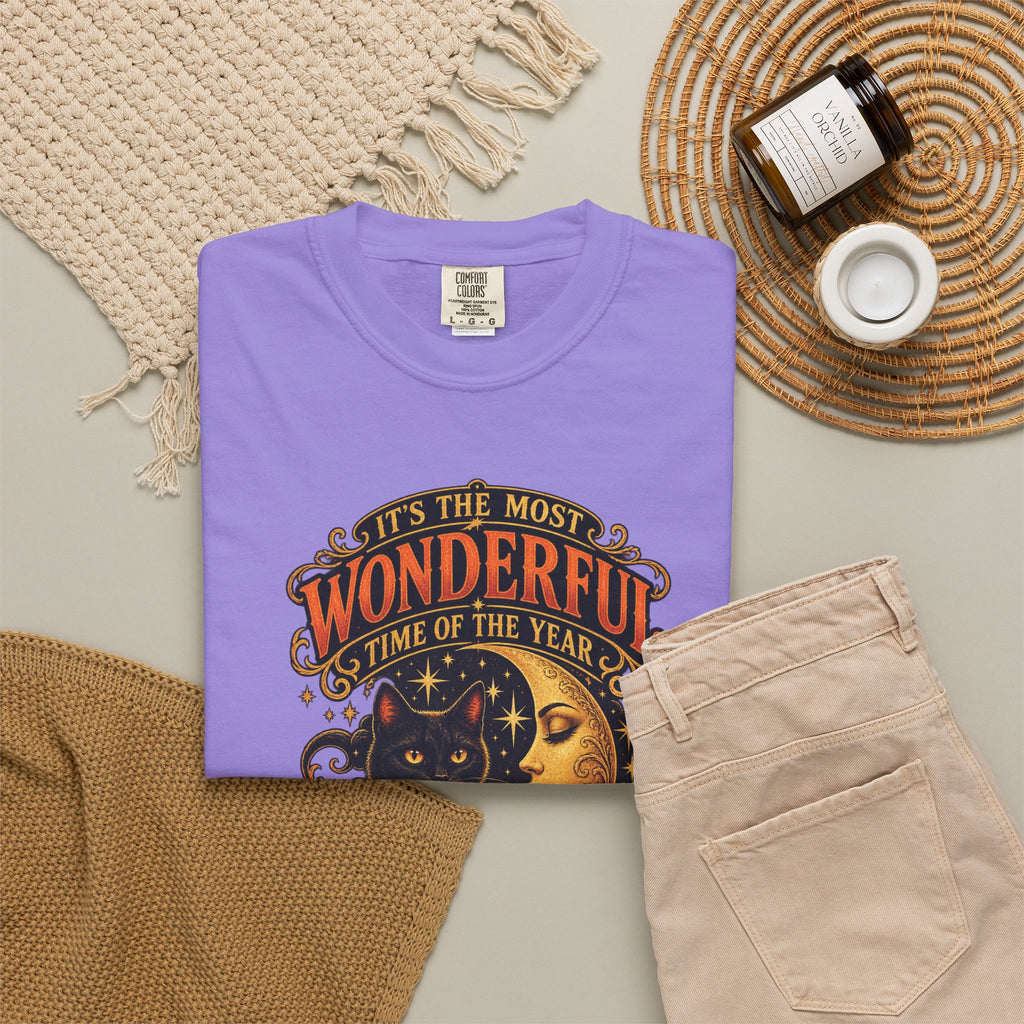 T-Shirt — "It's the Most Wonderful Time of the Year" Halloween Black Cat & Pumpkin