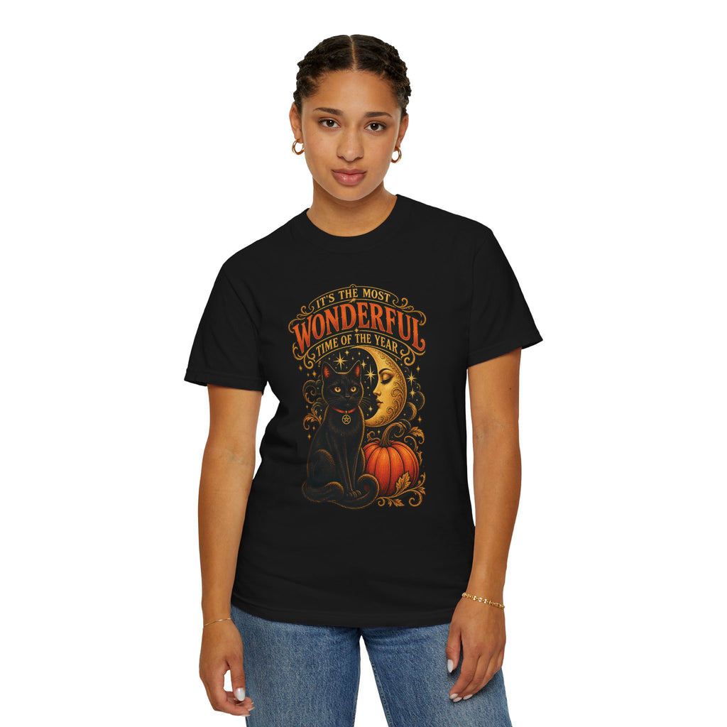 T-Shirt — "It's the Most Wonderful Time of the Year" Halloween Black Cat & Pumpkin