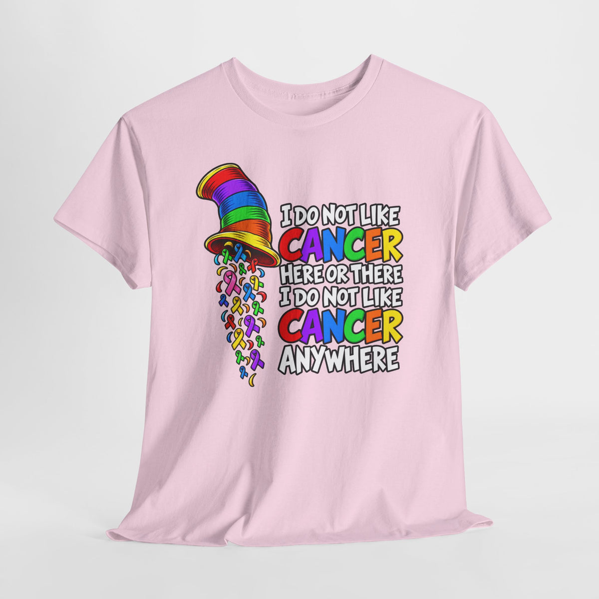 Cancer Awareness T-Shirt — “I Do Not Like Cancer Here or There” Rainbow Ribbon Tee