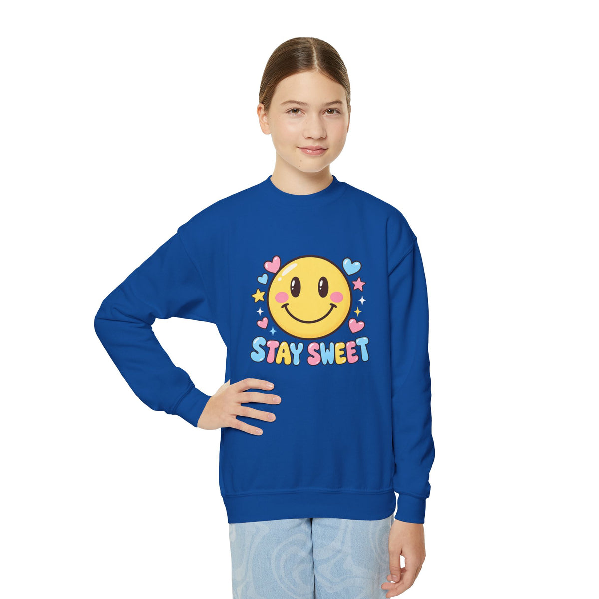 Youth Crewneck Sweatshirt — Cute Smiley "Stay Sweet" Graphic, Kids Cozy Pullover