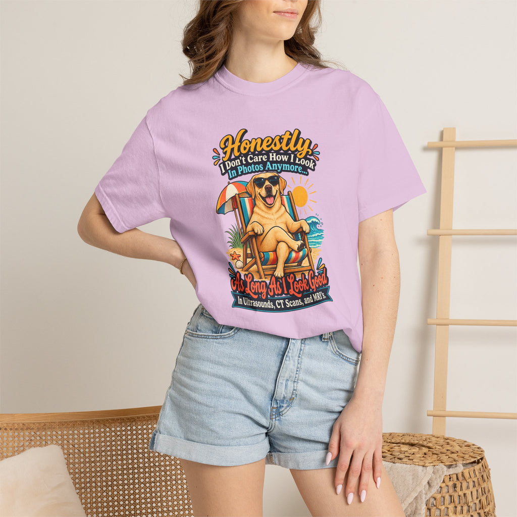 Honestly I Don’t Care How I Look In Photos Anymore T-Shirt — Funny Beach Dog Graphic Tee