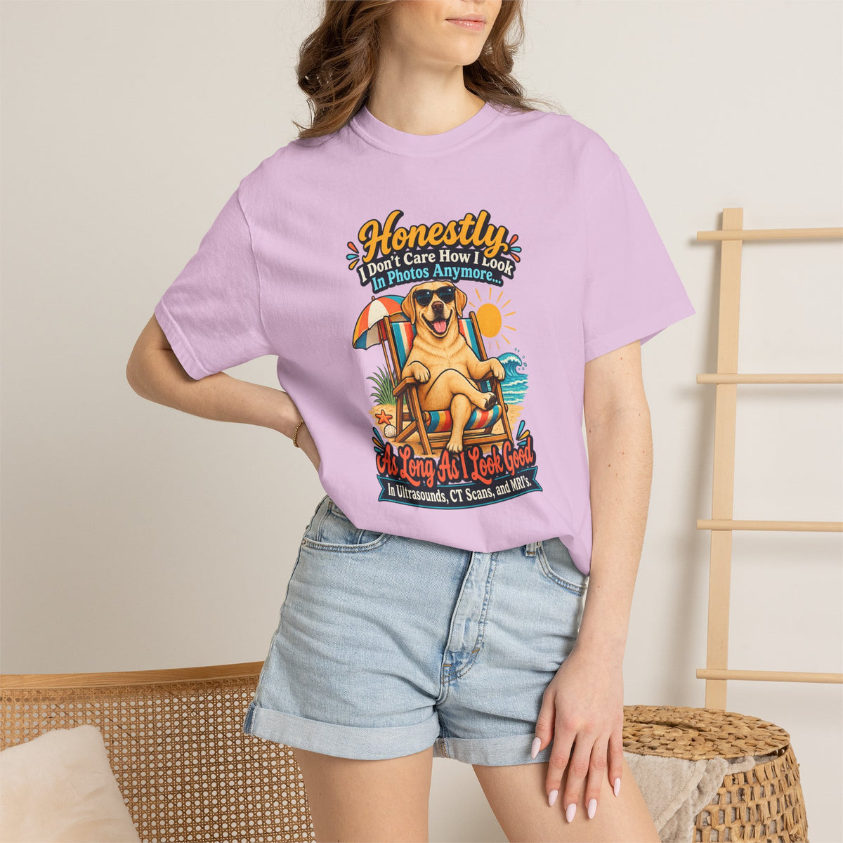 Honestly I Don’t Care How I Look In Photos Anymore T-Shirt — Funny Beach Dog Graphic Tee