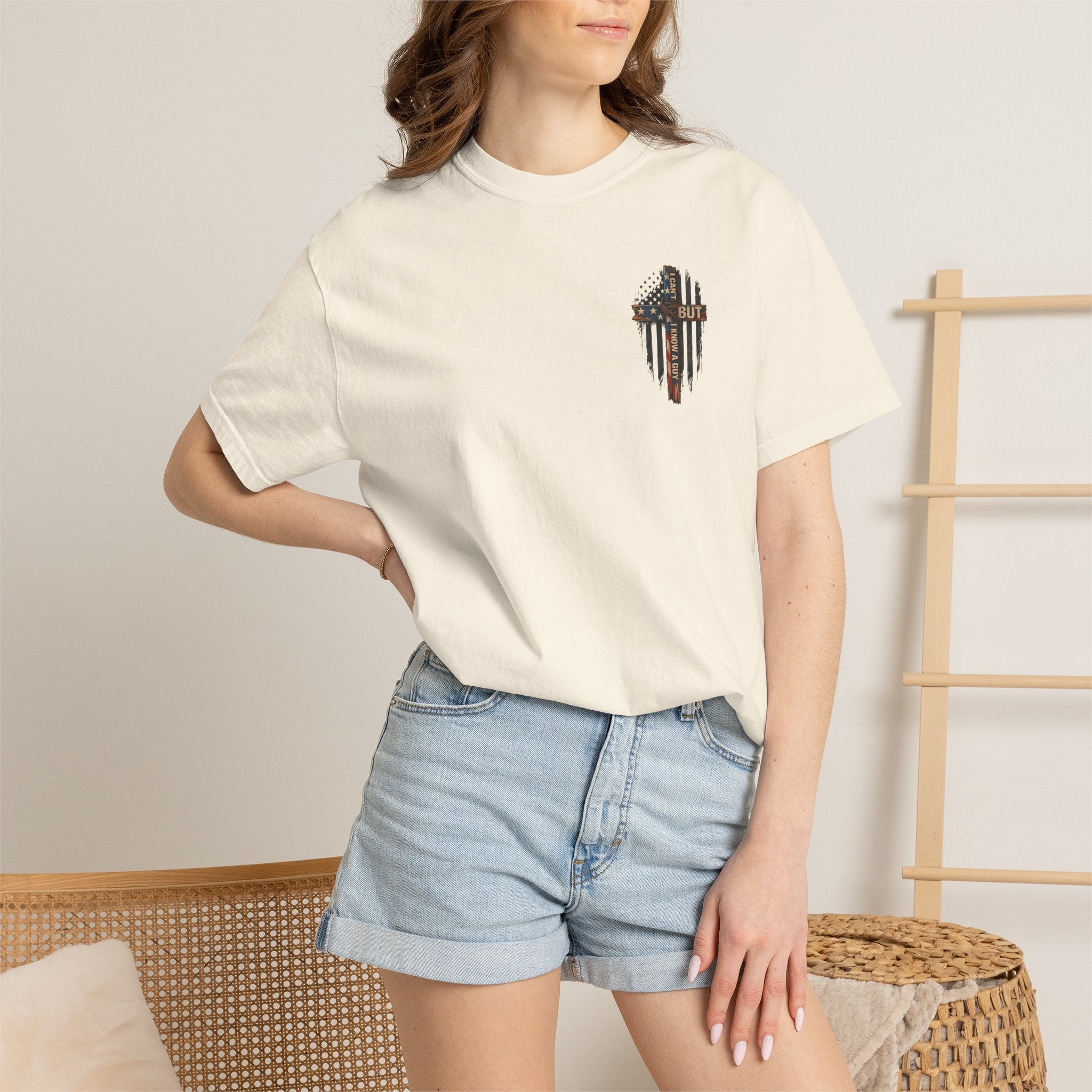 T-Shirt — 'I Can't But I Know A Guy' American Flag Cross Graphic