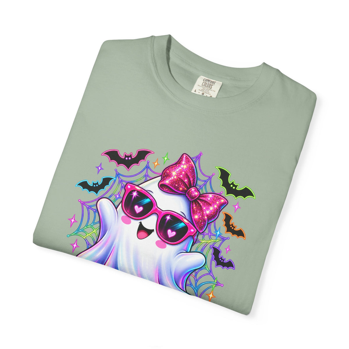Cute Halloween Ghost T-Shirt — Pink Bow Ghost with Sunglasses & Pumpkins