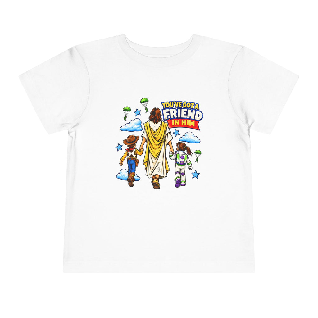 Toddler Tee — "You’ve Got a Friend in Him" Cartoon Faith & Toy Heroes Shirt