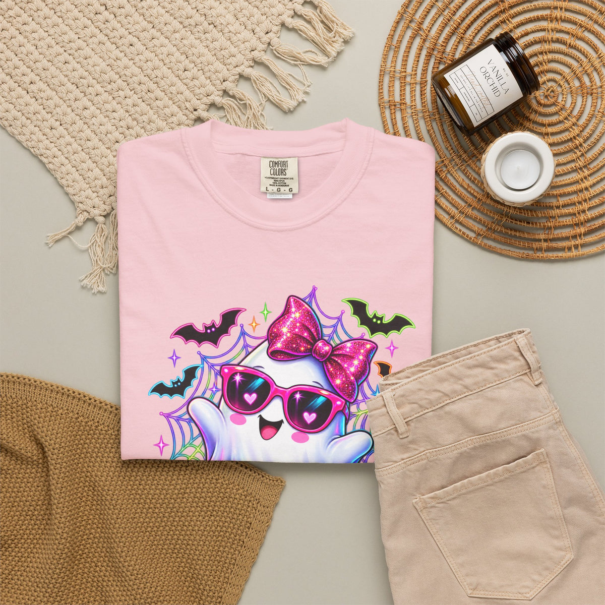 Cute Halloween Ghost T-Shirt — Pink Bow Ghost with Sunglasses & Pumpkins