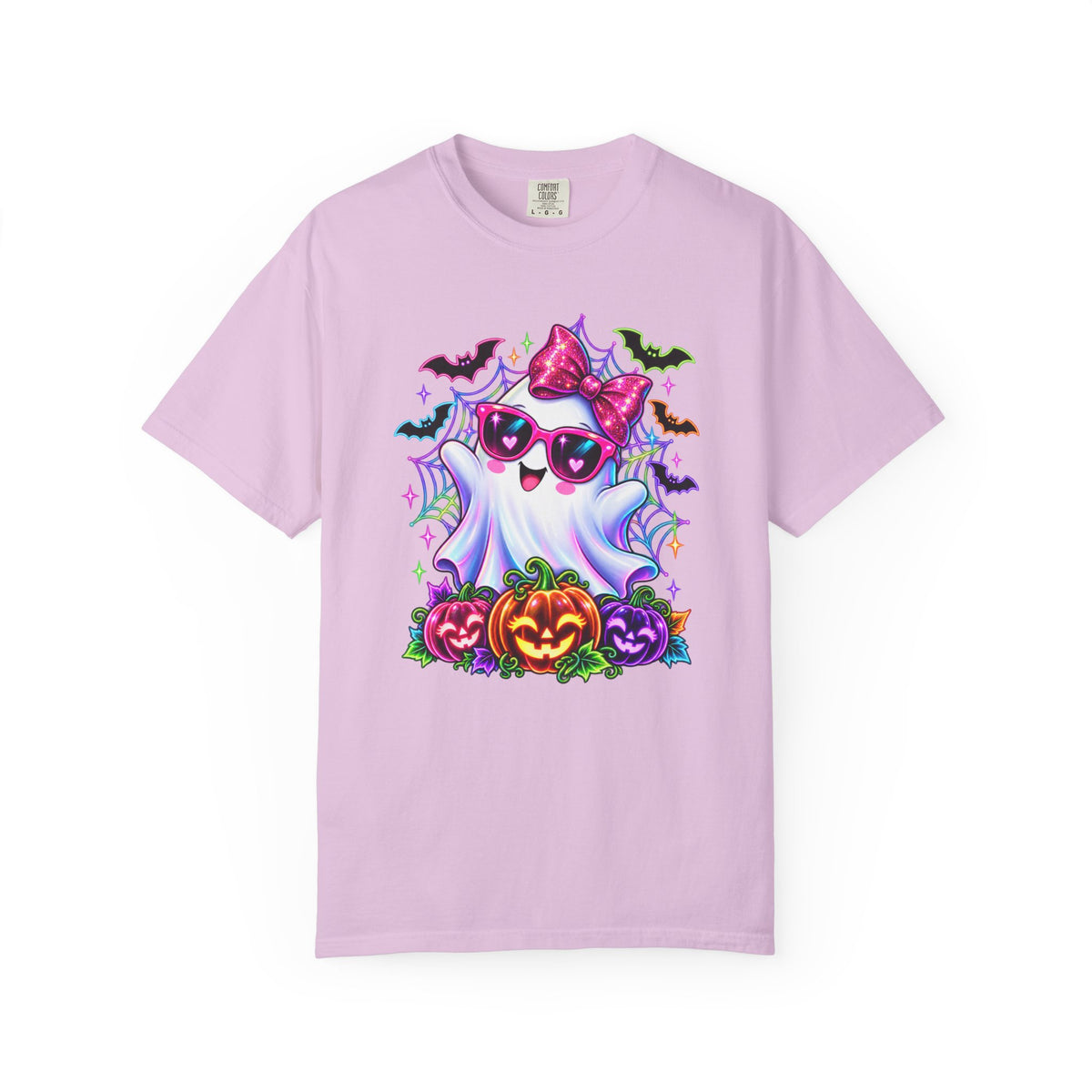 Cute Halloween Ghost T-Shirt — Pink Bow Ghost with Sunglasses & Pumpkins