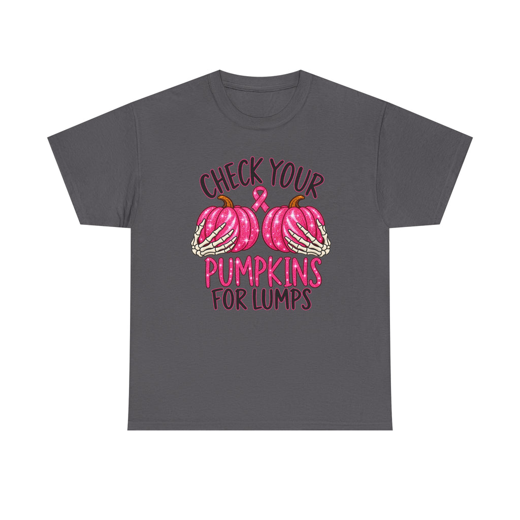 Breast Cancer Awareness T-Shirt — "Check Your Pumpkins for Lumps" Pink Ribbon Tee