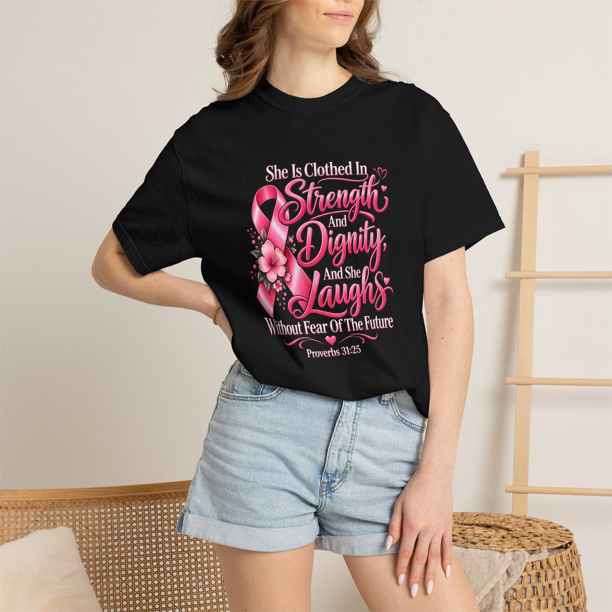 Breast Cancer Awareness T-Shirt — "She is Clothed in Strength" Pink Ribbon Tee