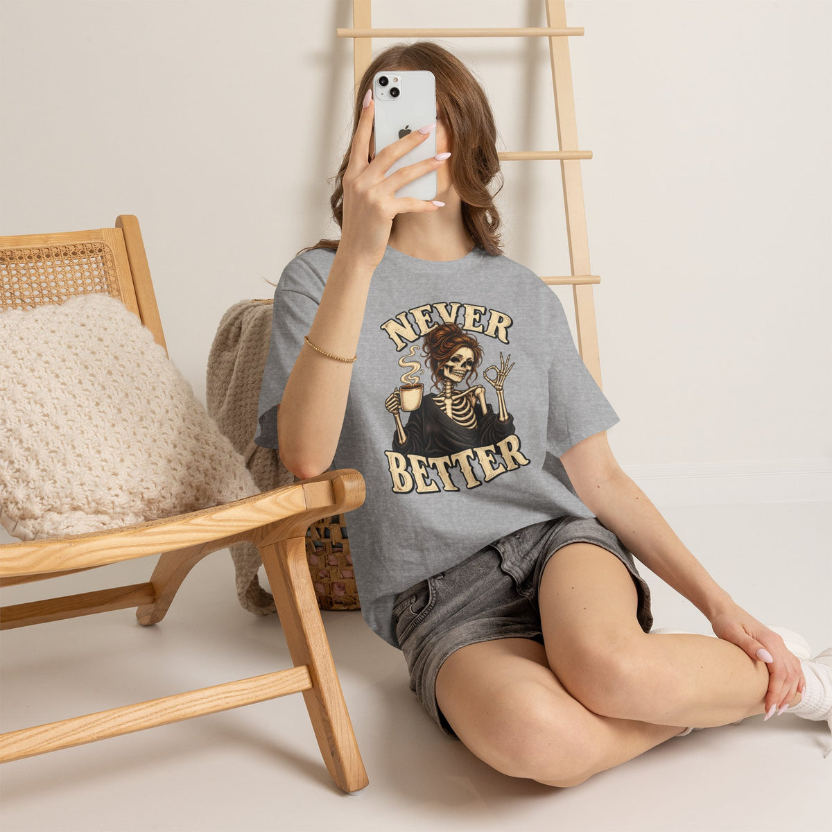 Never Better Skeleton Coffee Graphic Tee
