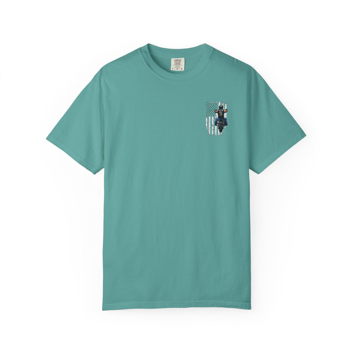 American Biker T-Shirt — Motorcycle Rider Back Graphic with Flag