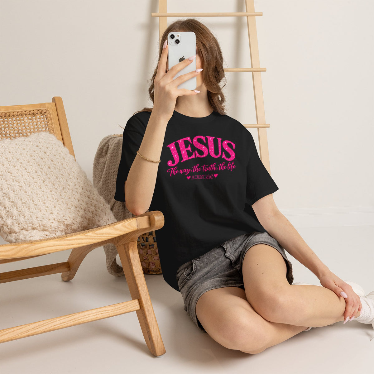 Christian T-Shirt — "JESUS The way, the truth, the life" (John 14:6) Pink Vintage Script