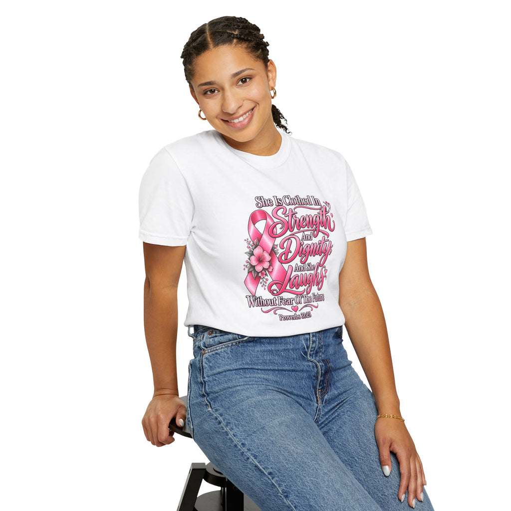 Breast Cancer Awareness T-Shirt — "She is Clothed in Strength" Pink Ribbon Tee