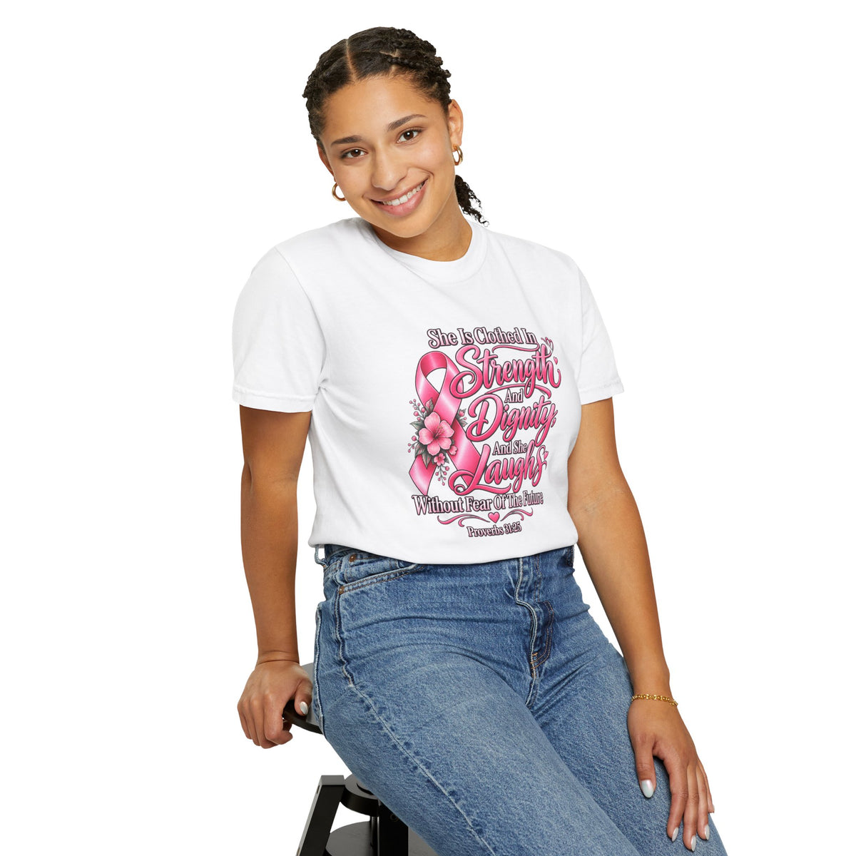 Breast Cancer Awareness T-Shirt — "She is Clothed in Strength" Pink Ribbon Tee