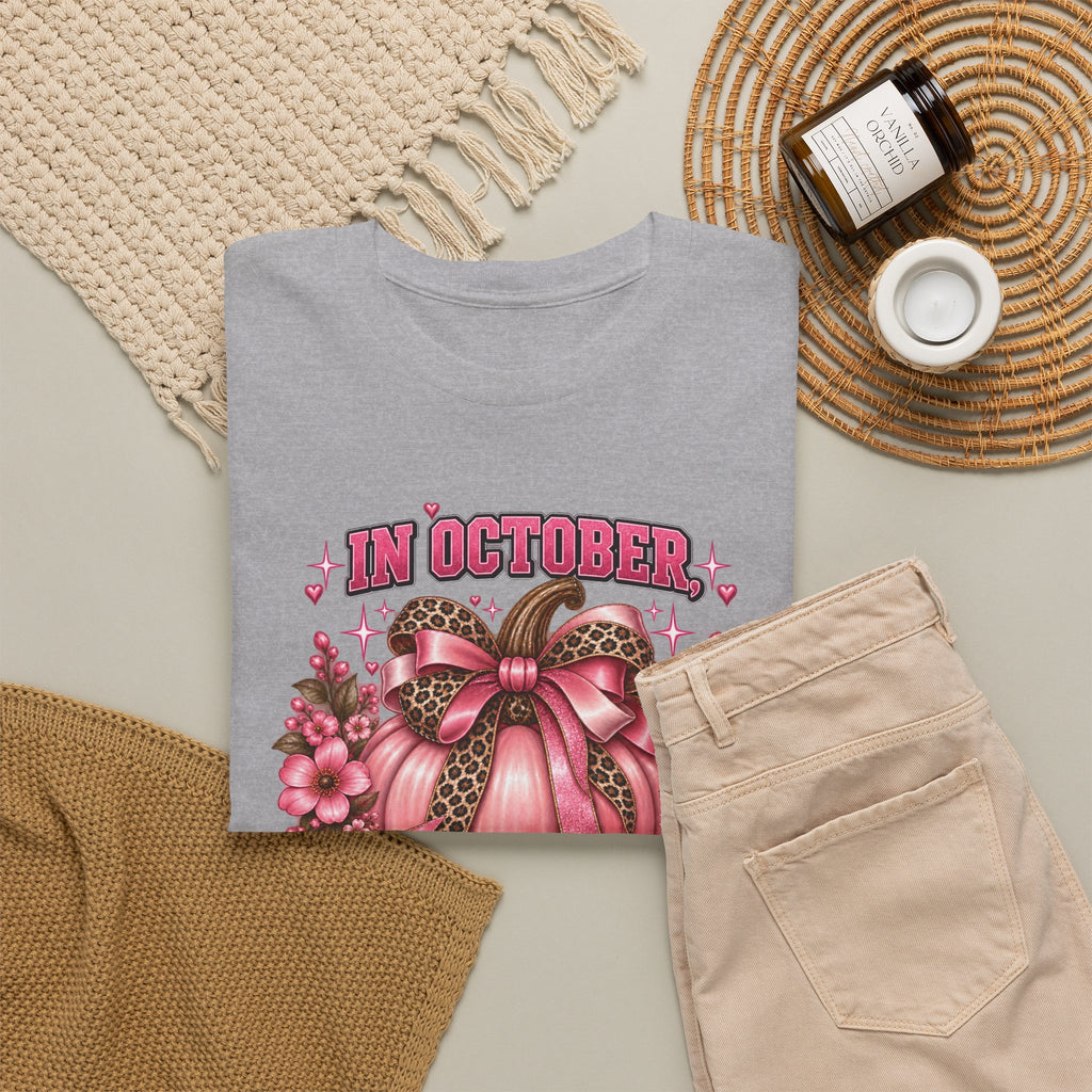 Breast Cancer Awareness T-Shirt — "In October We Wear Pink" Pumpkin Design