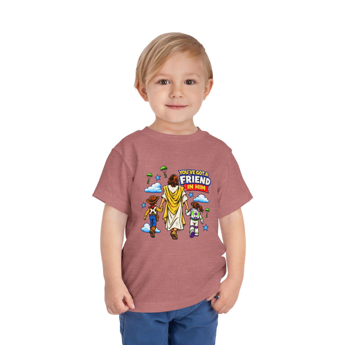 Toddler Tee — "You’ve Got a Friend in Him" Cartoon Faith & Toy Heroes Shirt