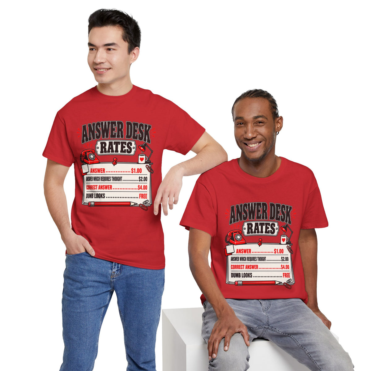 Answer Desk Rates T-Shirt — Funny Help Desk IT Support Tee ("Answer 1.00, Correct Answer 4.00")