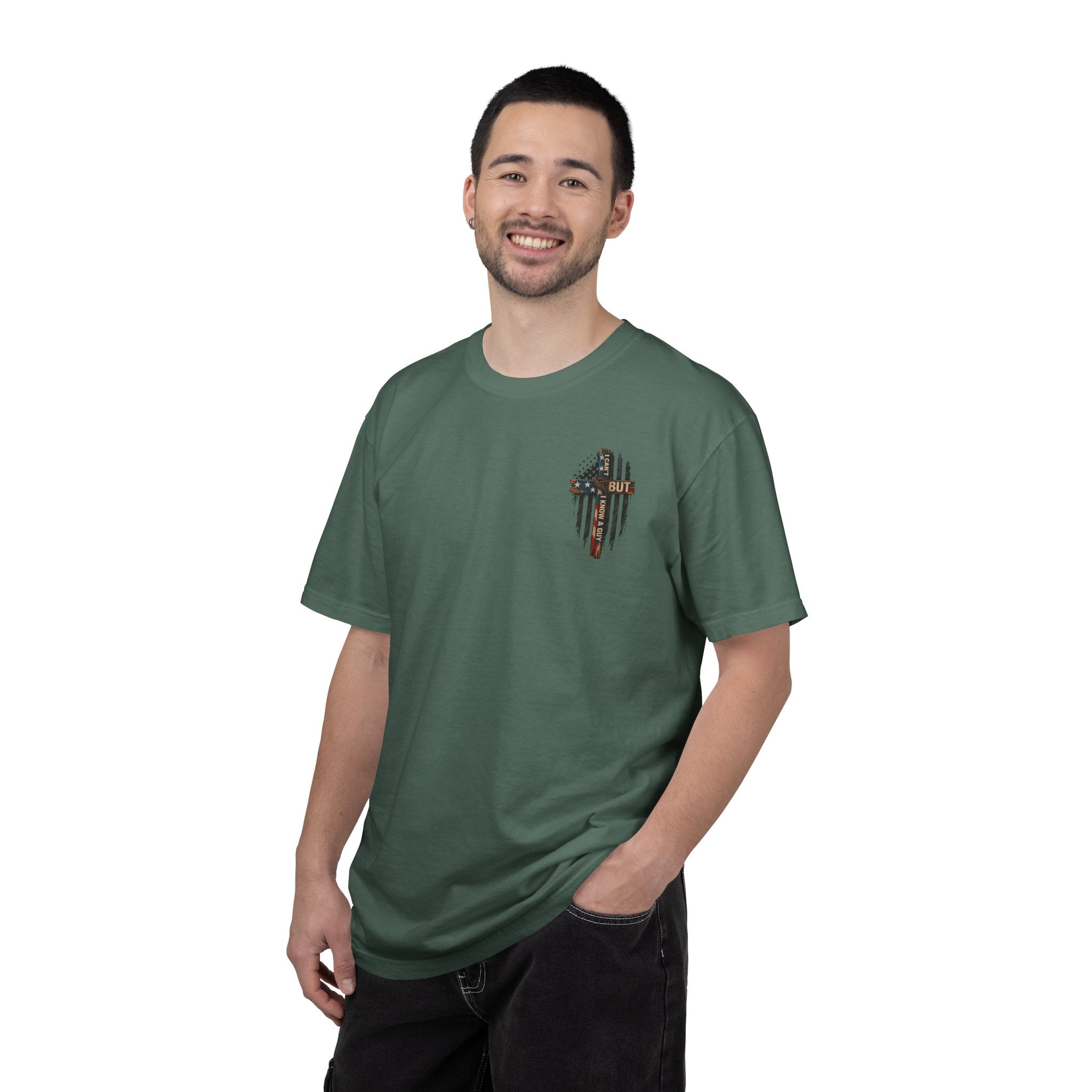 T-Shirt — 'I Can't But I Know A Guy' American Flag Cross Graphic