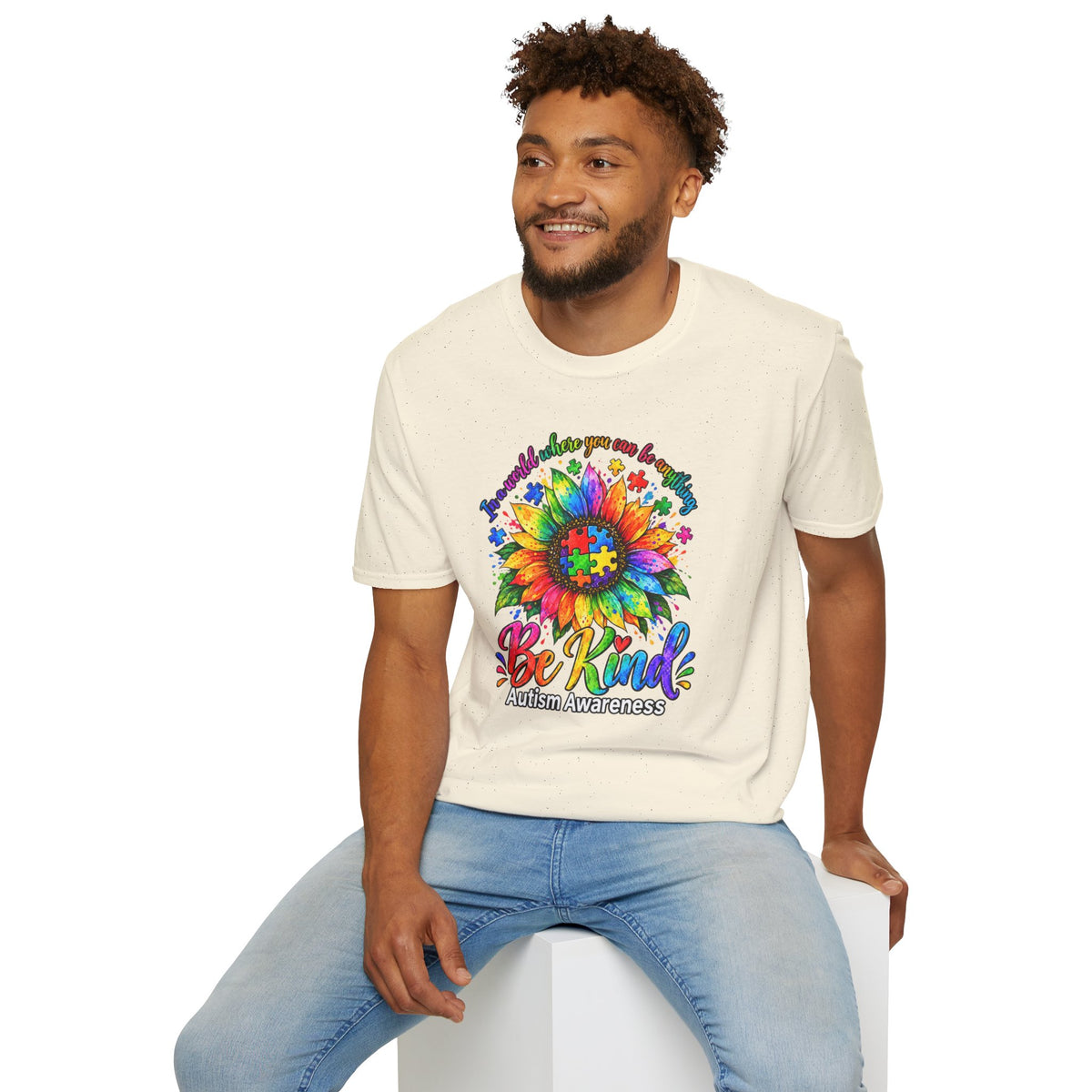 Autism Awareness Sunflower T-Shirt — 'Be Kind' Rainbow Puzzle Design