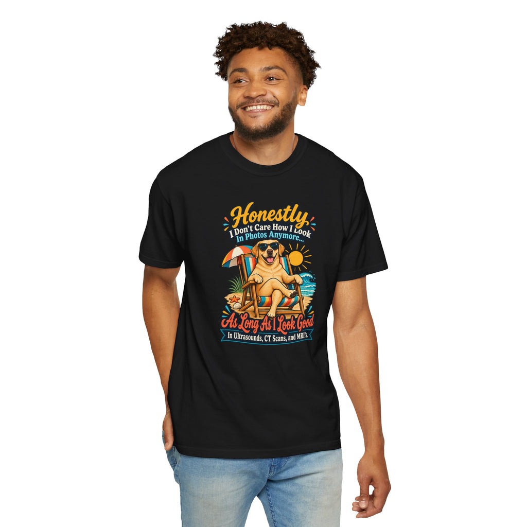 Honestly I Don’t Care How I Look In Photos Anymore T-Shirt — Funny Beach Dog Graphic Tee