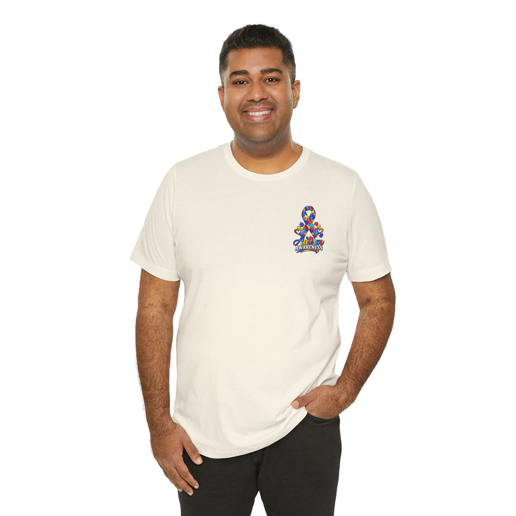 Autism Awareness Ribbon Chest Tee — 'Different, Not Less' Short Sleeve T-Shirt