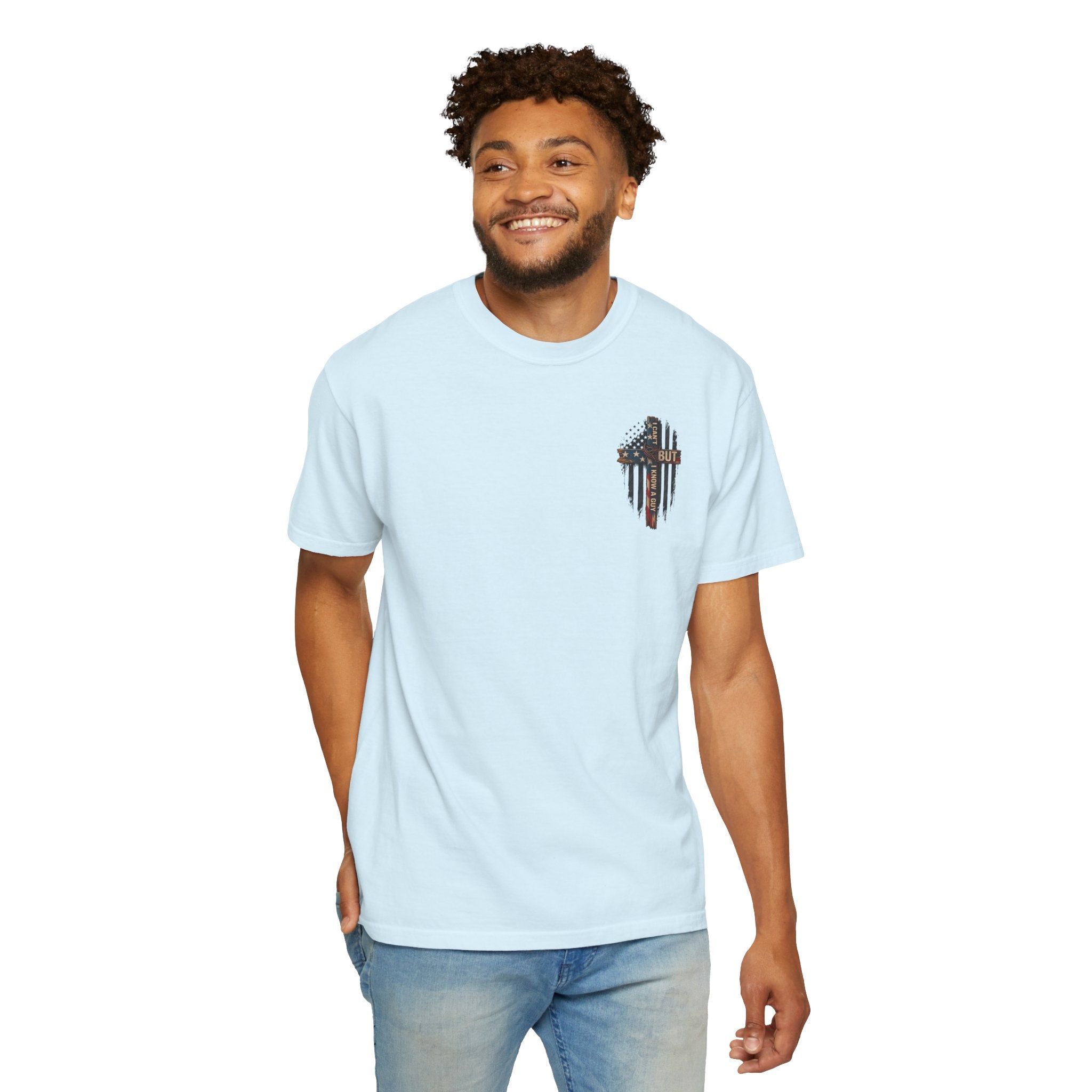 T-Shirt — 'I Can't But I Know A Guy' American Flag Cross Graphic