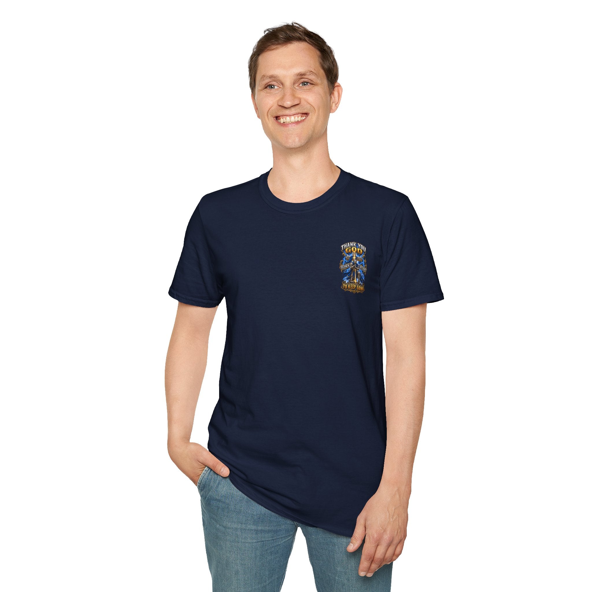 T-Shirt — "Thank You God I Keep Going" Faith Graphic Pocket Tee