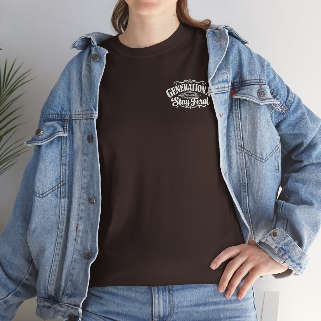Generation X T‑Shirt — 'Stay Feral' Vintage Whiskey Label Tee (Born 1965–1980)