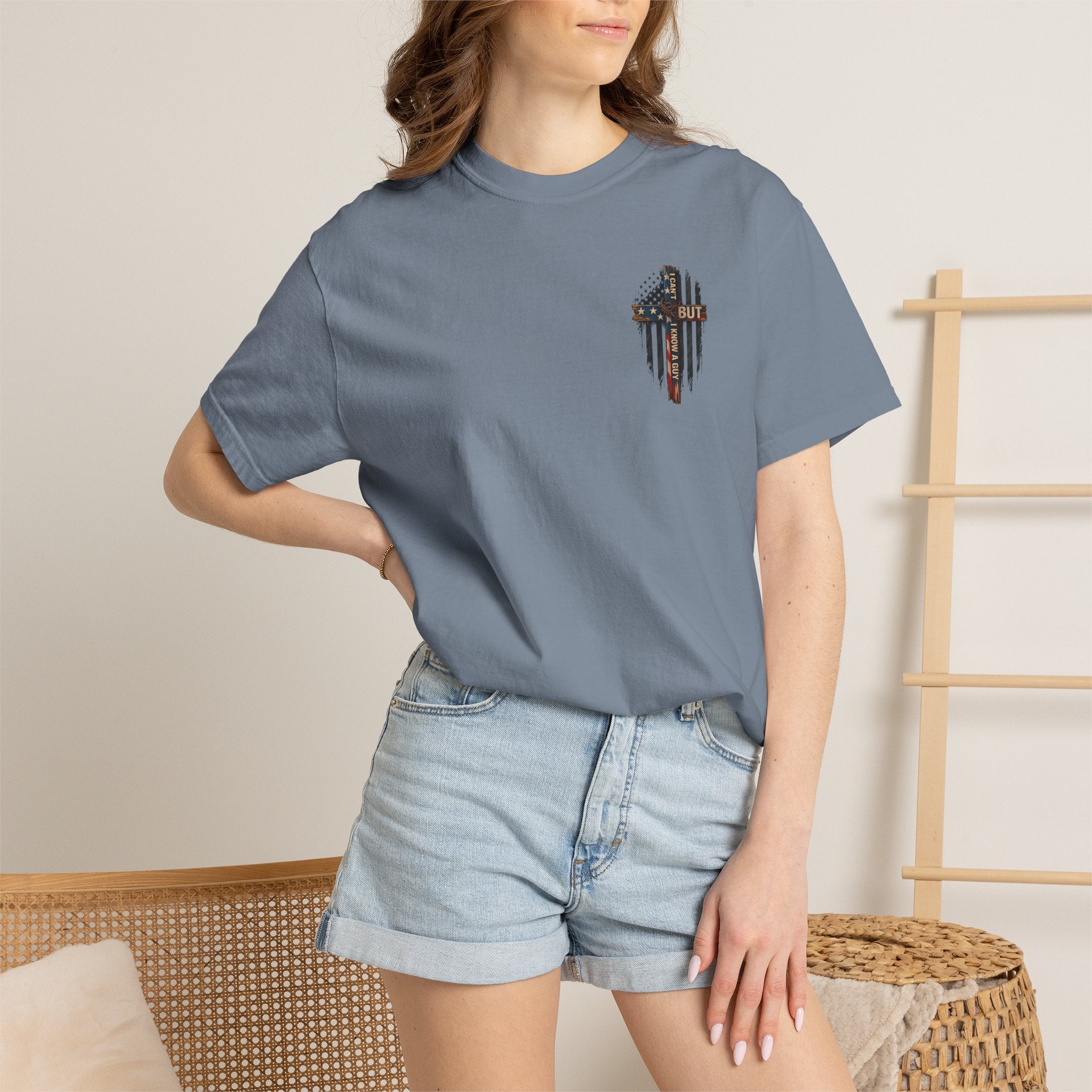 T-Shirt — 'I Can't But I Know A Guy' American Flag Cross Graphic