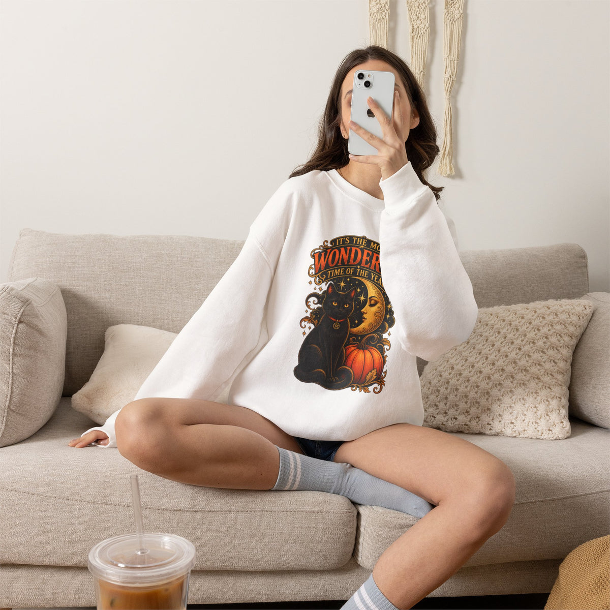 Vintage Halloween Sweatshirt - "It's the Most Wonderful Time of the Year" Black Cat & Moon Design