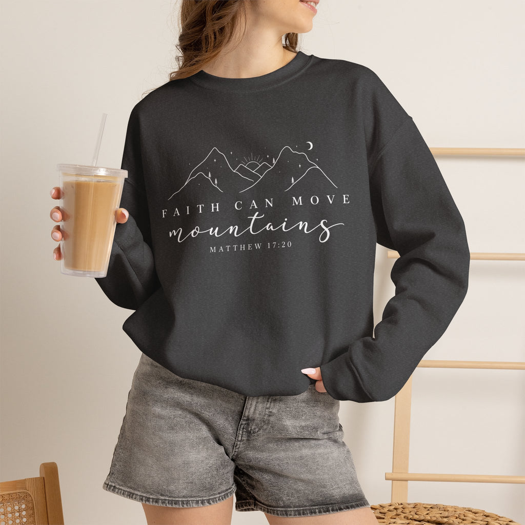 Faith Can Move Mountains Crewneck Sweatshirt — Matthew 17:20 Christian Mountain Design